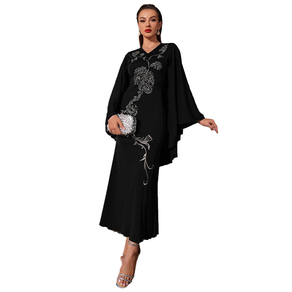 V-neck Bat Sleeve Party Embroidered Dress
