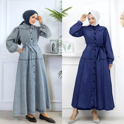 Denim Patchwork Lantern Sleeve Modest Midi Dress