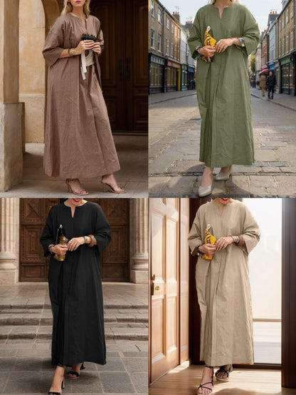 Solid Color Loose Casual Cotton and Linen Dress