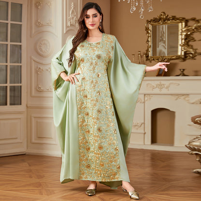 Dolman-sleeved Waist-cinching Loose Embroidered Dress
