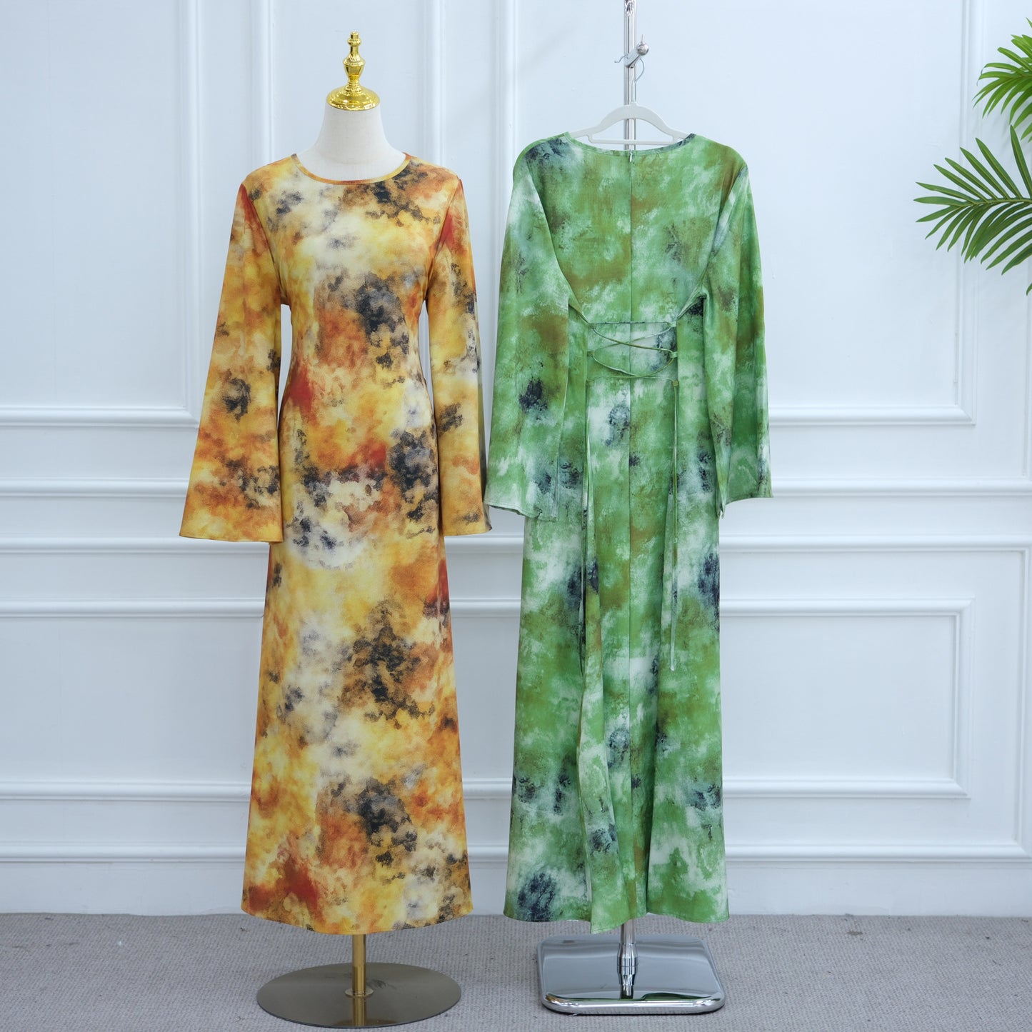 Elegant Printed Maxi Dress with Waist Tie and Back Zipper