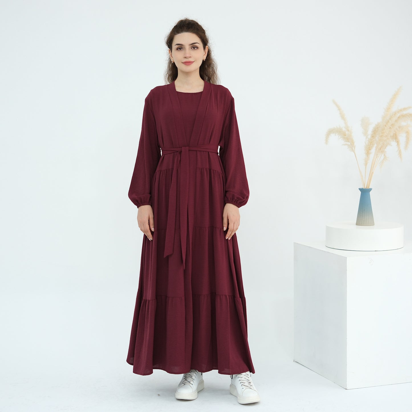 Solid Color Hijab-Friendly Modest Layered Two-Piece Set