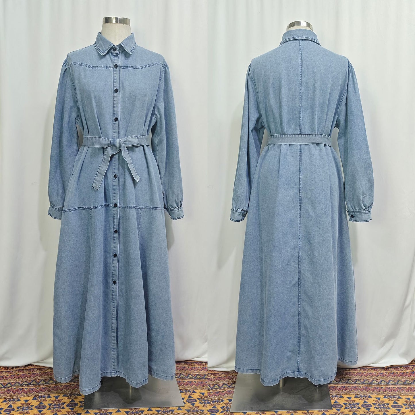 Denim Patchwork Lantern Sleeve Modest Midi Dress