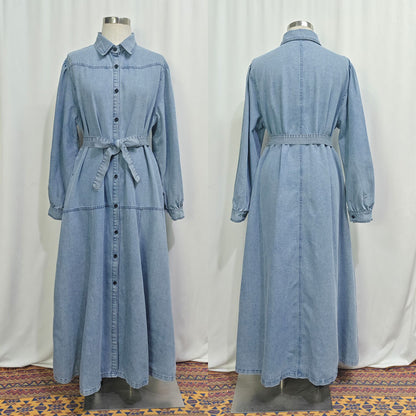 Denim Patchwork Lantern Sleeve Modest Midi Dress