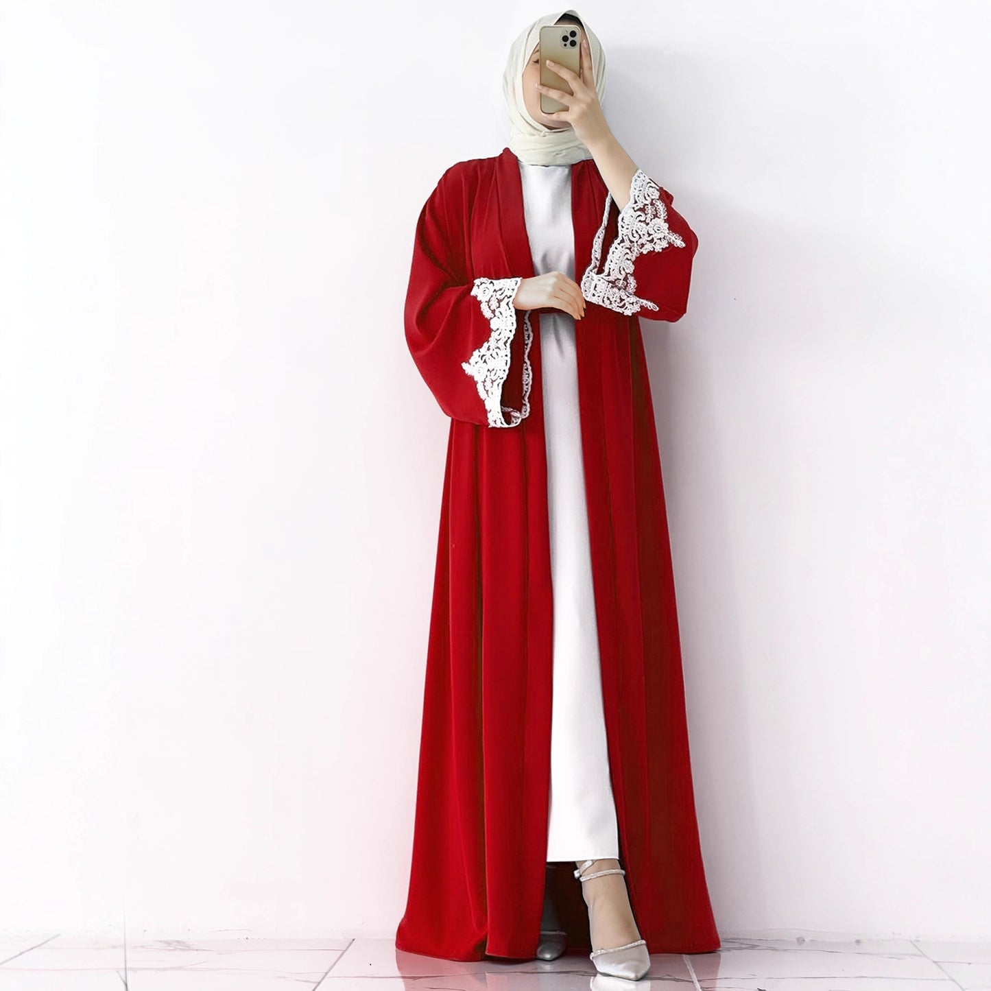 Lace Applique Abaya Cardigan and Slip Dress Two-Piece Set