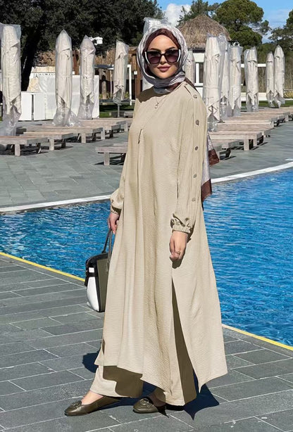 Loose Long Sleeve Maxi Dress with Button Detail and Side Pockets
