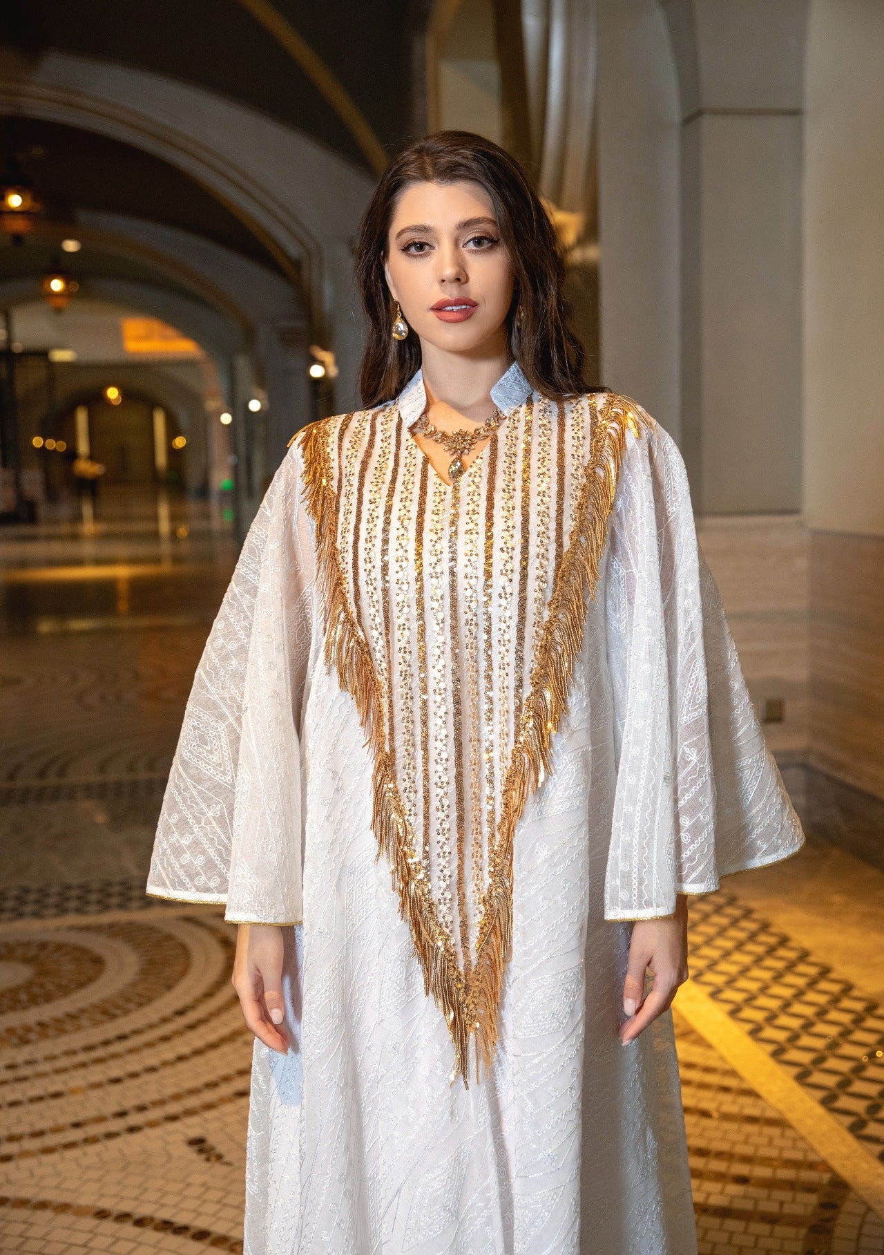 Women's Mesh Embroidered Sequin Jalabiya Dress