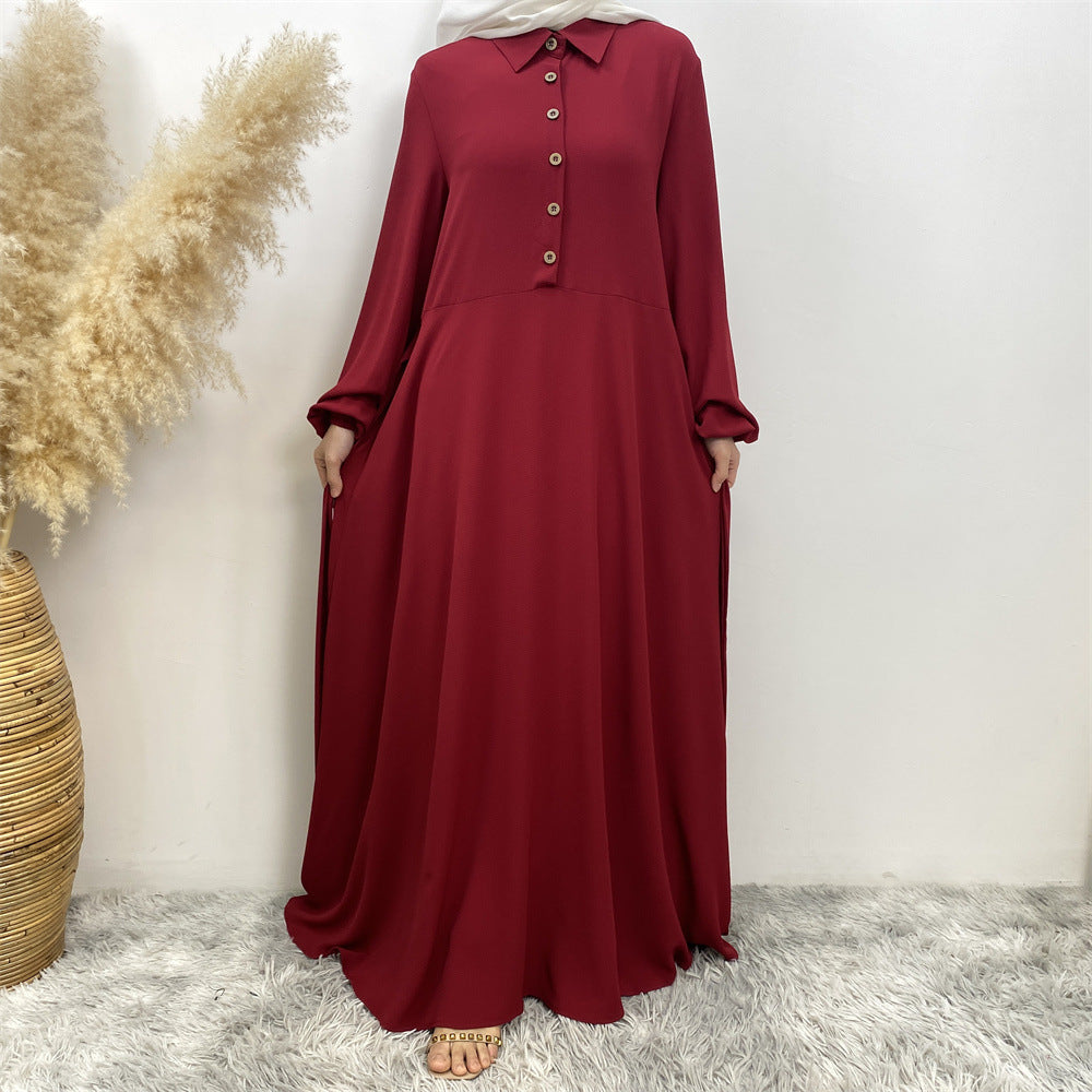 Plain Loose Buttoned Dress with Pockets