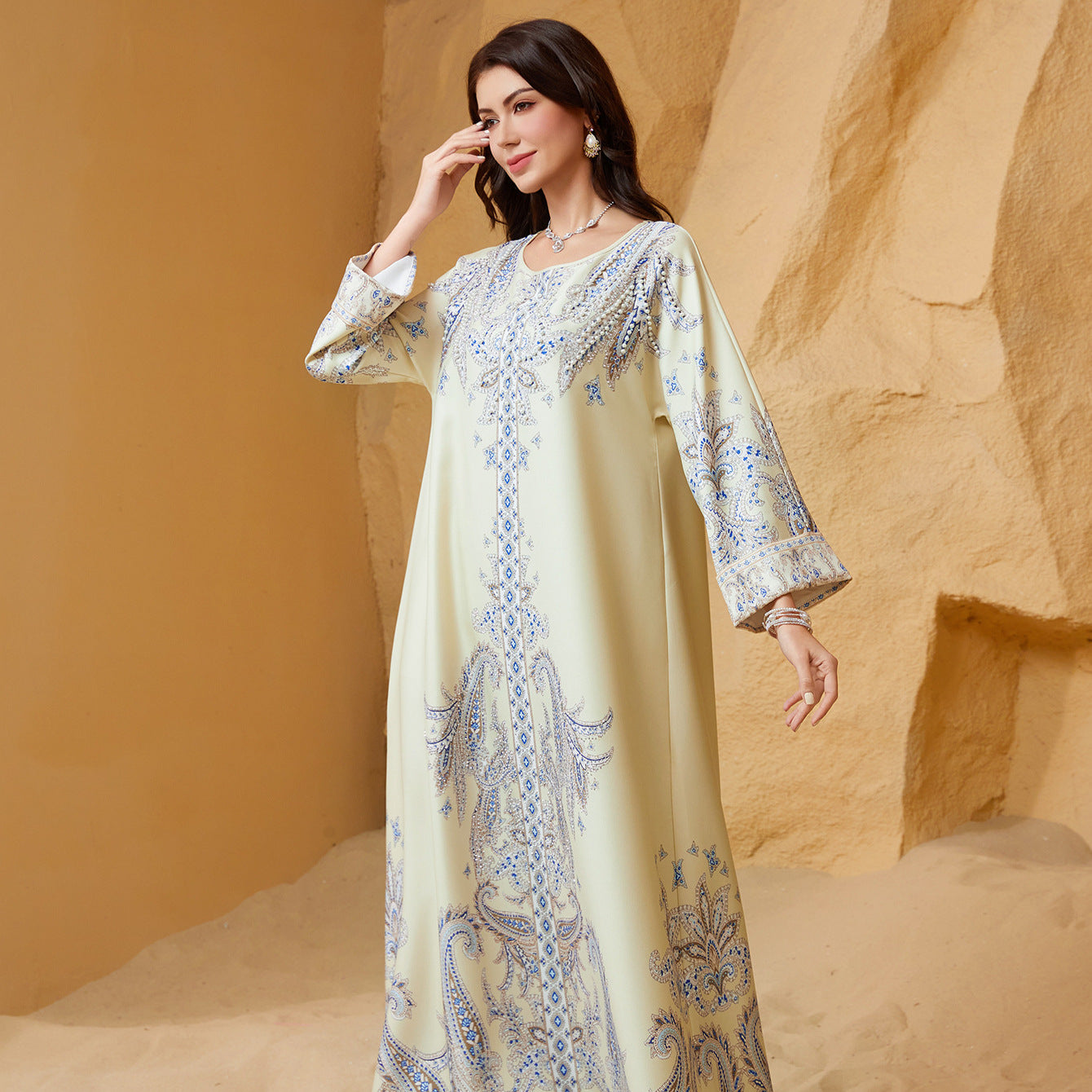 Beaded Print Muslim Kaftan Maxi Dress