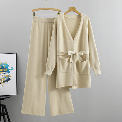 Women's Wide-Leg Pants Knitted Cardigan Two-Piece Set