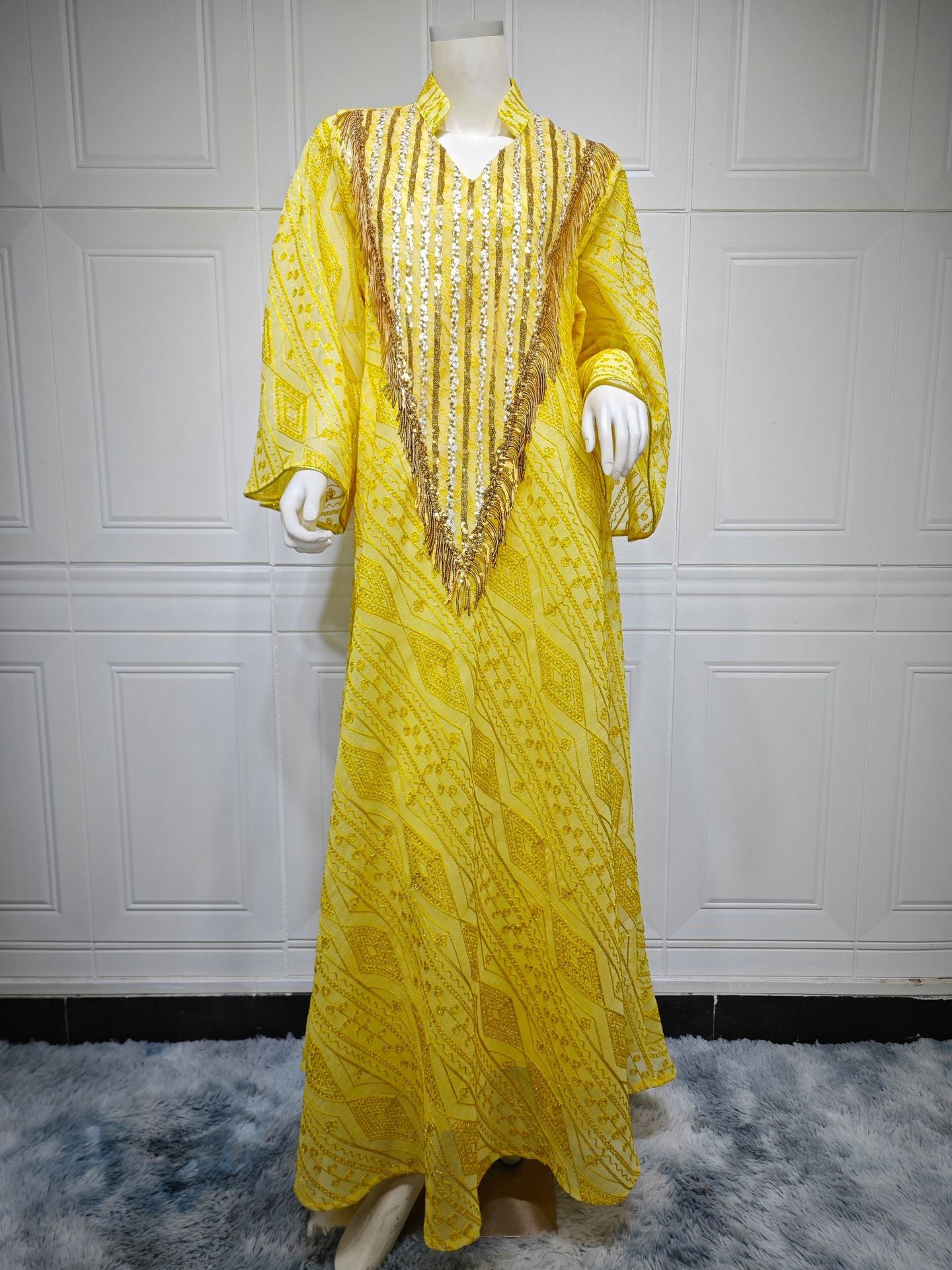 Women's Mesh Embroidered Sequin Jalabiya Dress