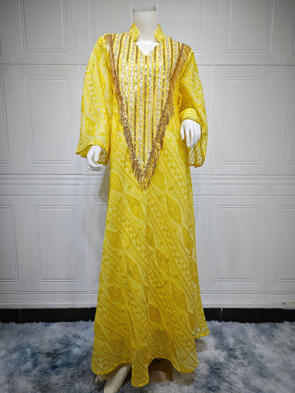 Women's Mesh Embroidered Sequin Jalabiya Dress