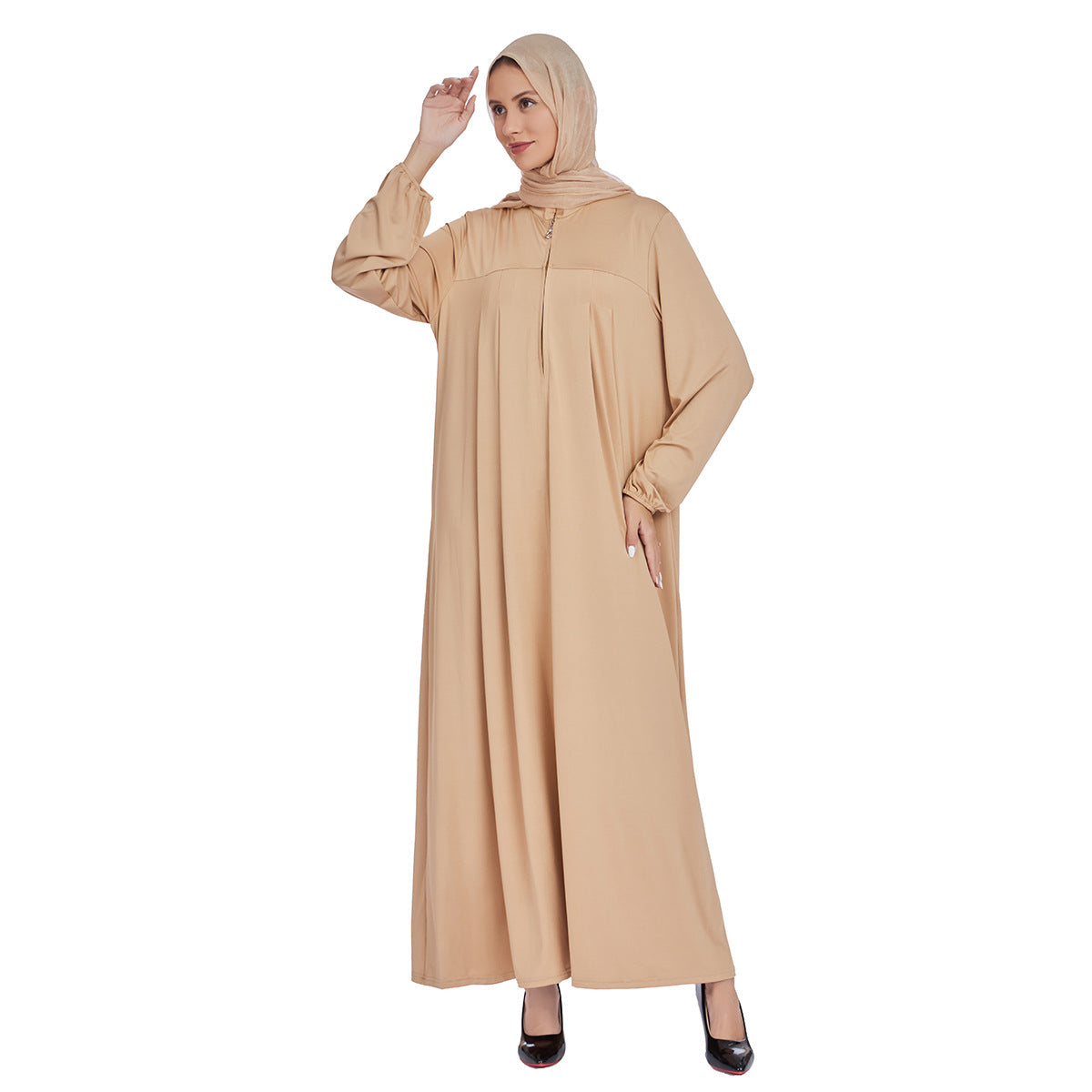 Stand Collar Maxi Dress with Pockets – Modest Long Sleeve Casual Abaya