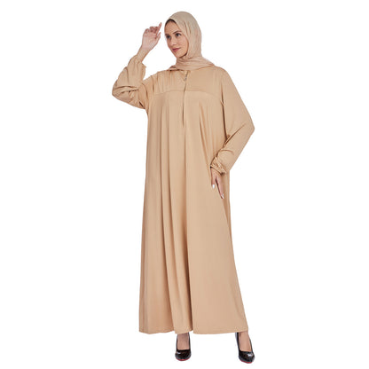Stand Collar Maxi Dress with Pockets – Modest Long Sleeve Casual Abaya