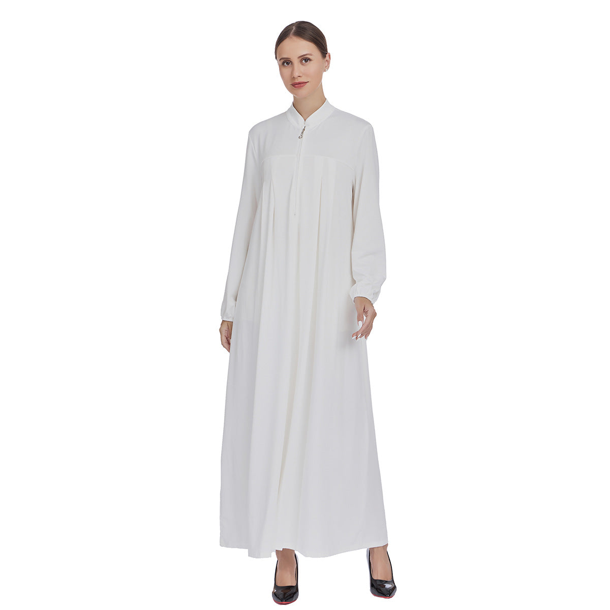 Stand Collar Maxi Dress with Pockets – Modest Long Sleeve Casual Abaya