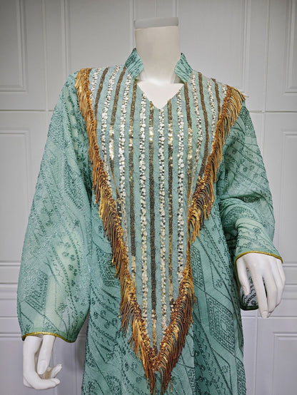 Women's Mesh Embroidered Sequin Jalabiya Dress