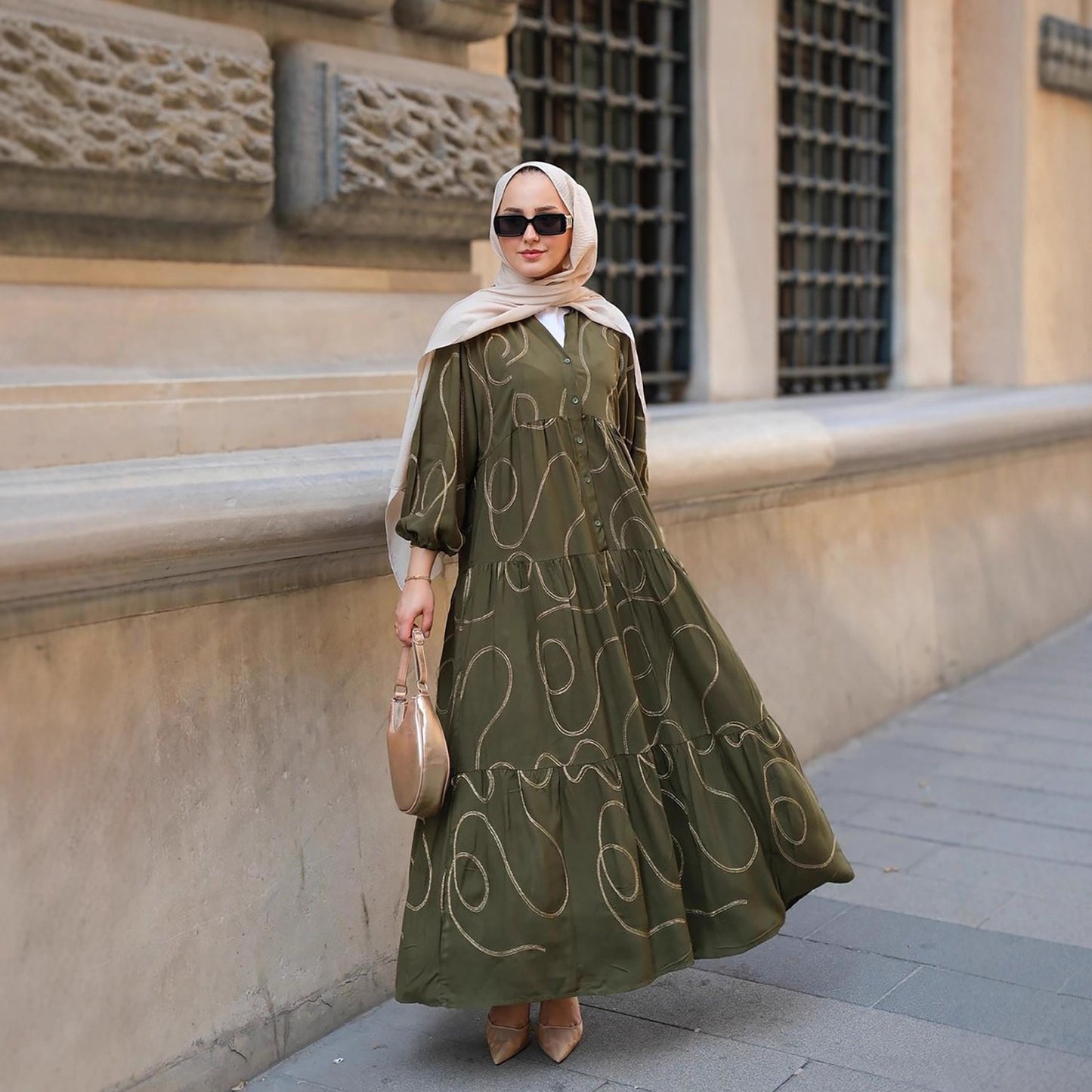 Printed Satin-Feel Loose Fit V-Neck Modest Maxi Dress