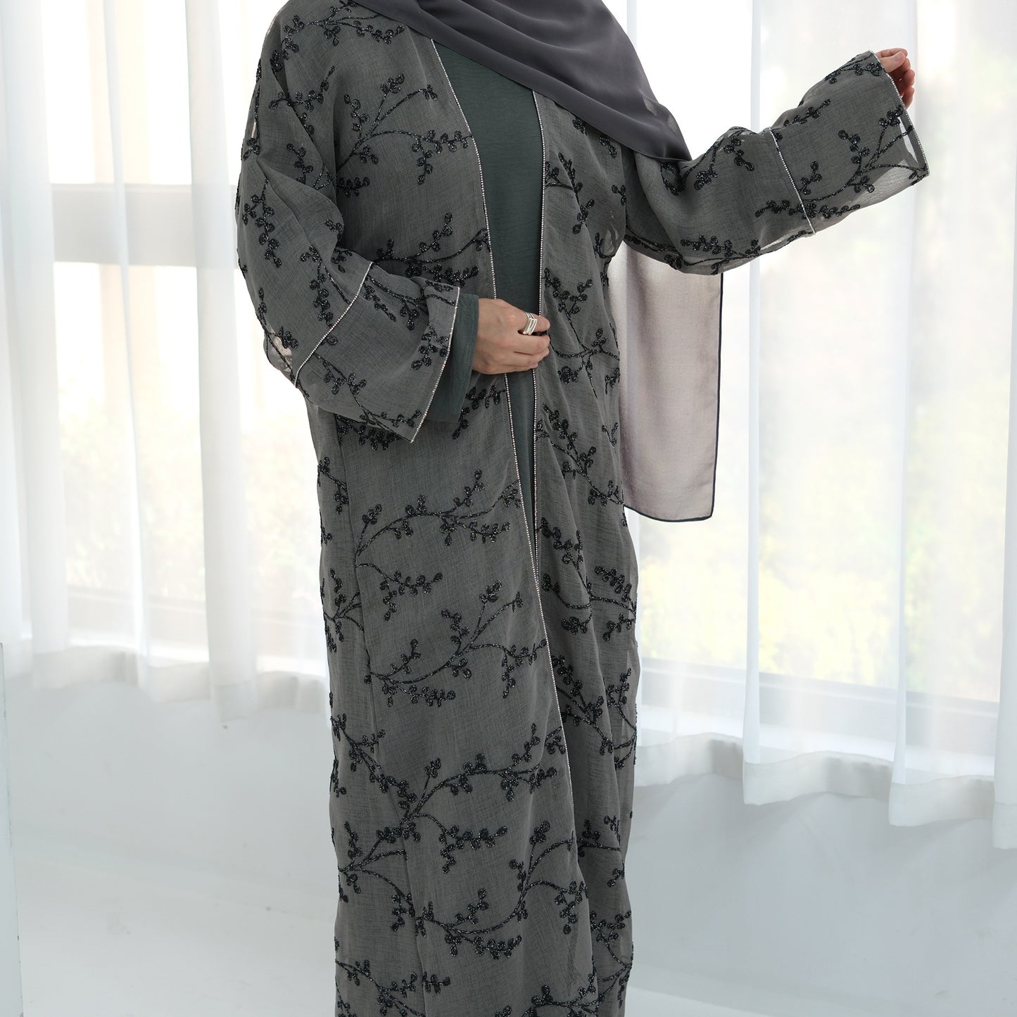 Full Embroidered Open Abaya with Inner Dress Elegant Modest Style