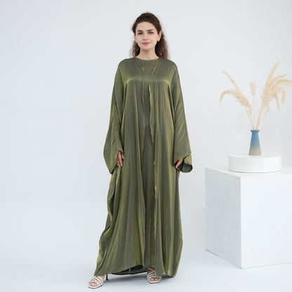 Elegant Solid Color Two Piece Abaya Set with Inner Dress