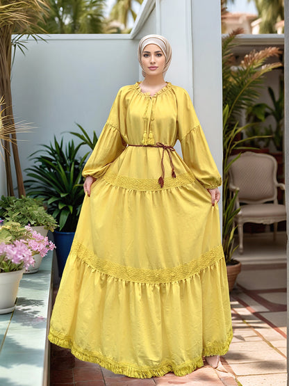 Lace Patchwork Maxi Dress with Tassel Belt and Ruffle Hem