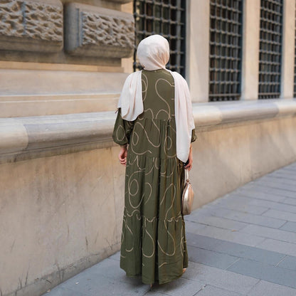 Printed Satin-Feel Loose Fit V-Neck Modest Maxi Dress