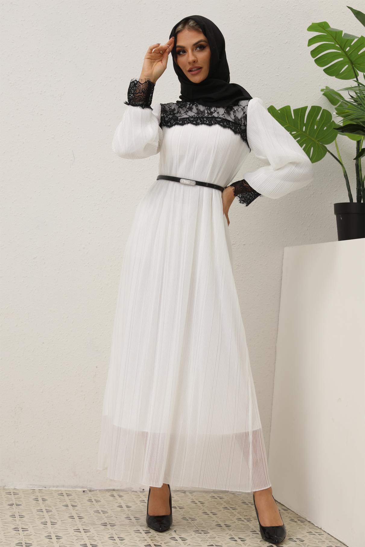 Women's Lace Pleated White Dress (With Belt)