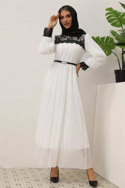 Women's Lace Pleated White Dress (With Belt)