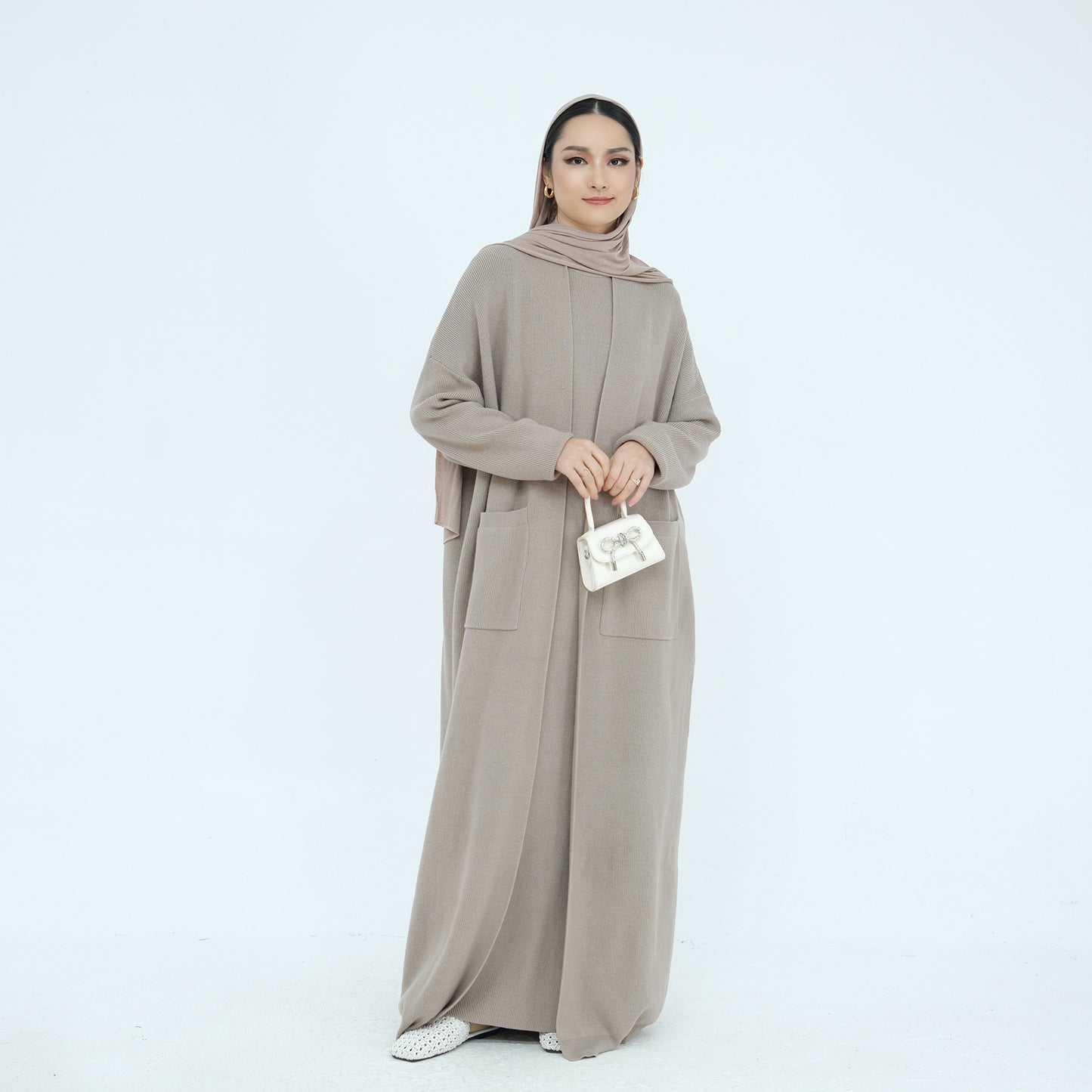 Thick Knit Two-Piece Abaya Set with Cardigan and Inner Dress