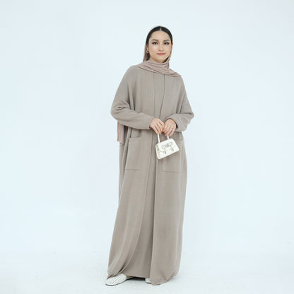 Thick Knit Two-Piece Abaya Set with Cardigan and Inner Dress