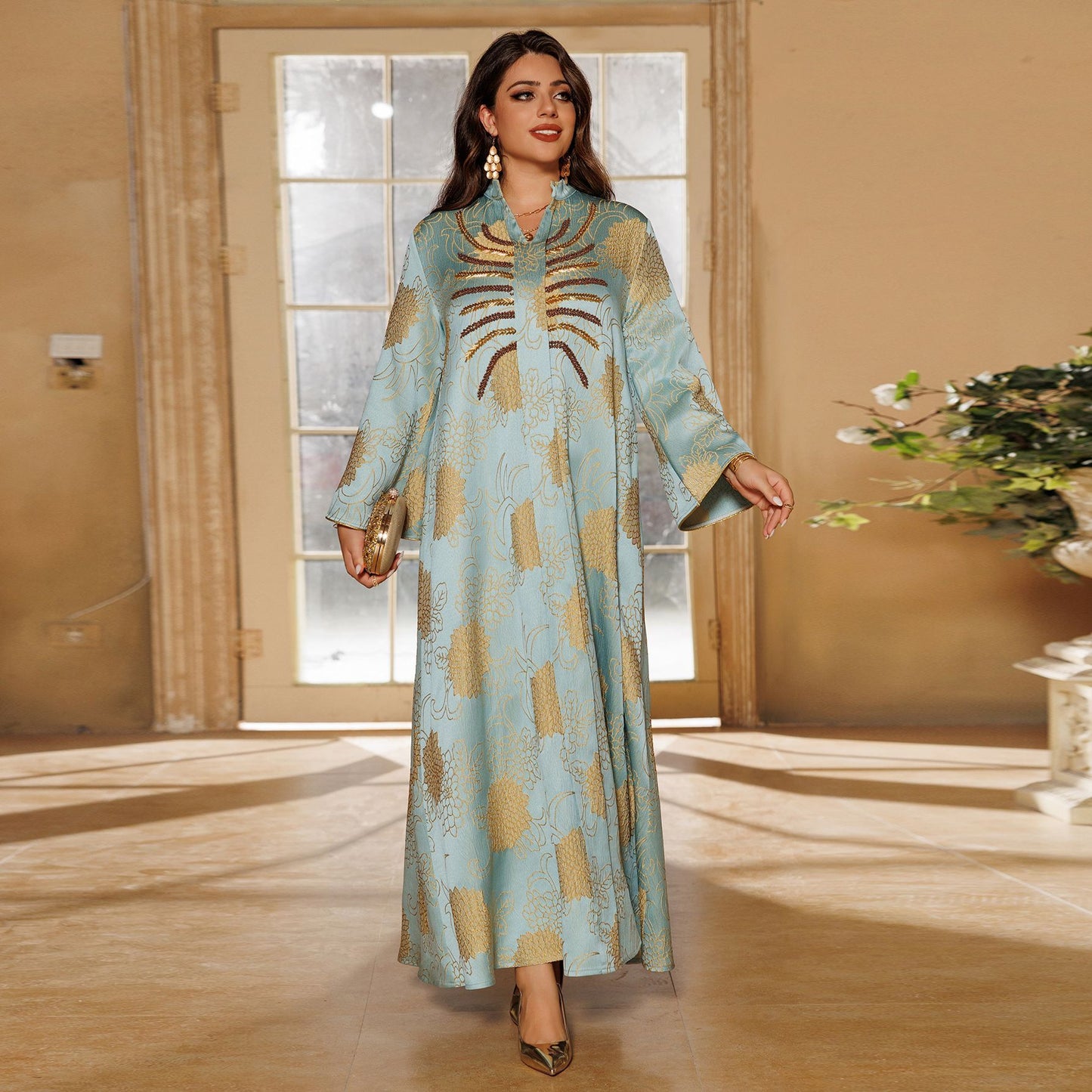 Women's V-neck Jacquard Beaded Dress