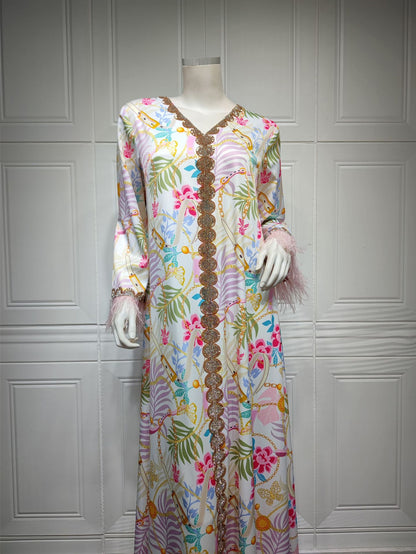 Hot Diamond Ostrich Feather Patchwork Printed Dress