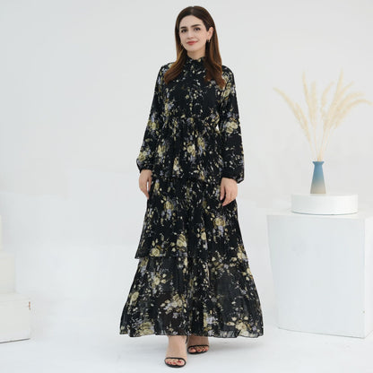 Floral Printed Islamic Modest Belted Tiered Maxi Dress