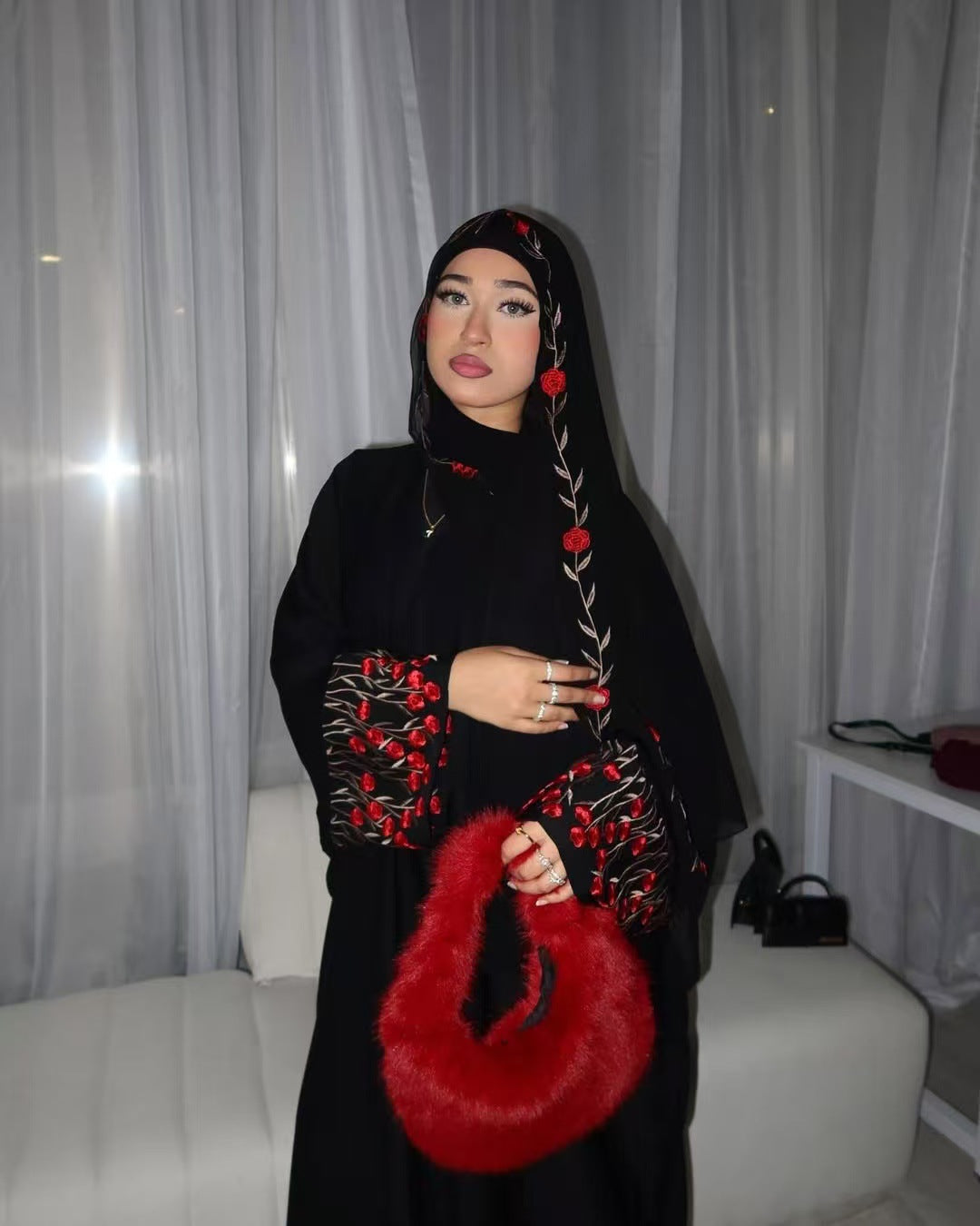 Embroidered Cardigan Abaya with Floral Sleeve Detail
