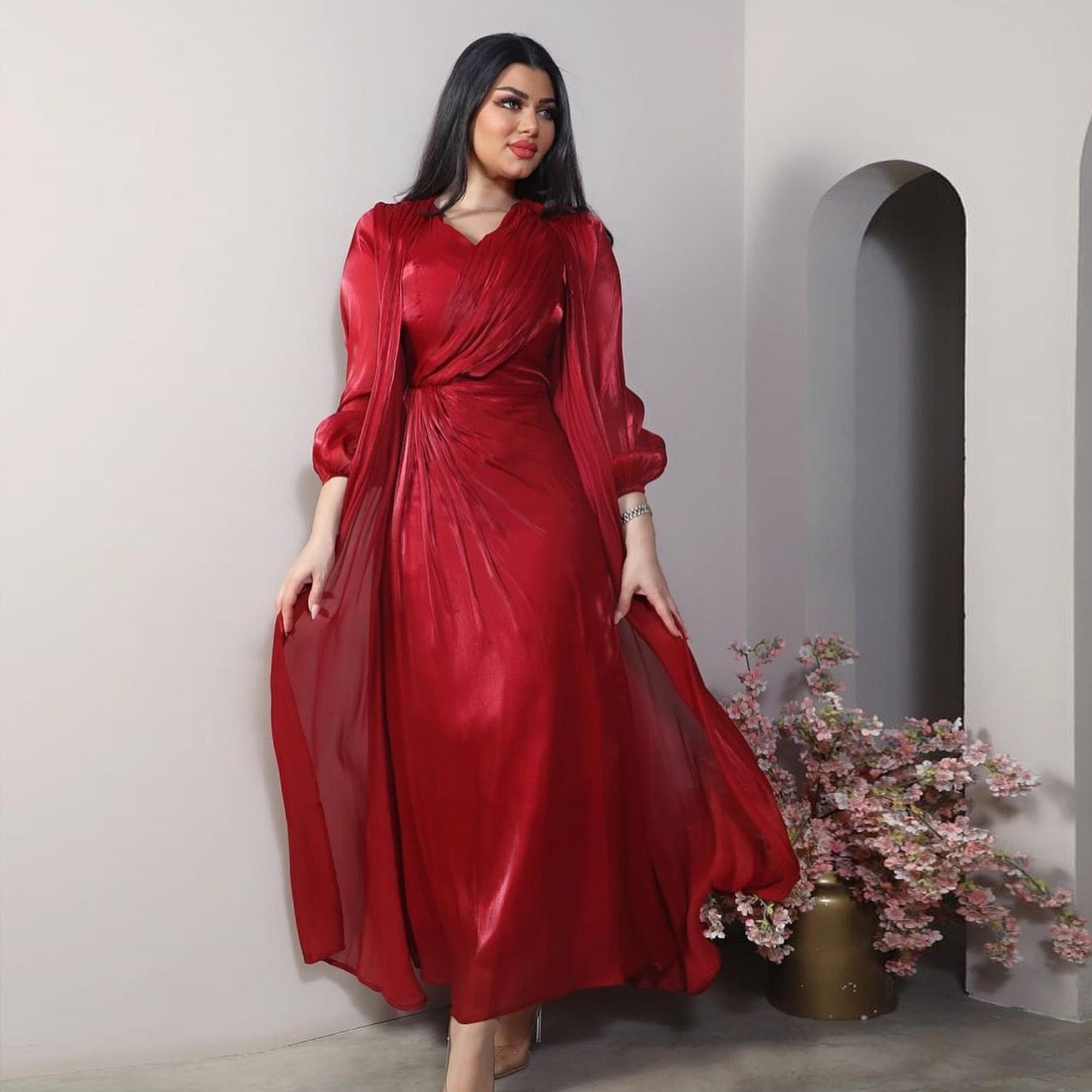 Women Plain Bright Silk Dress Two Piece Sets