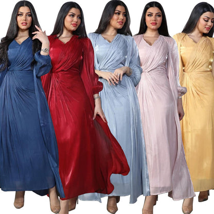 Women Plain Bright Silk Dress Two Piece Sets