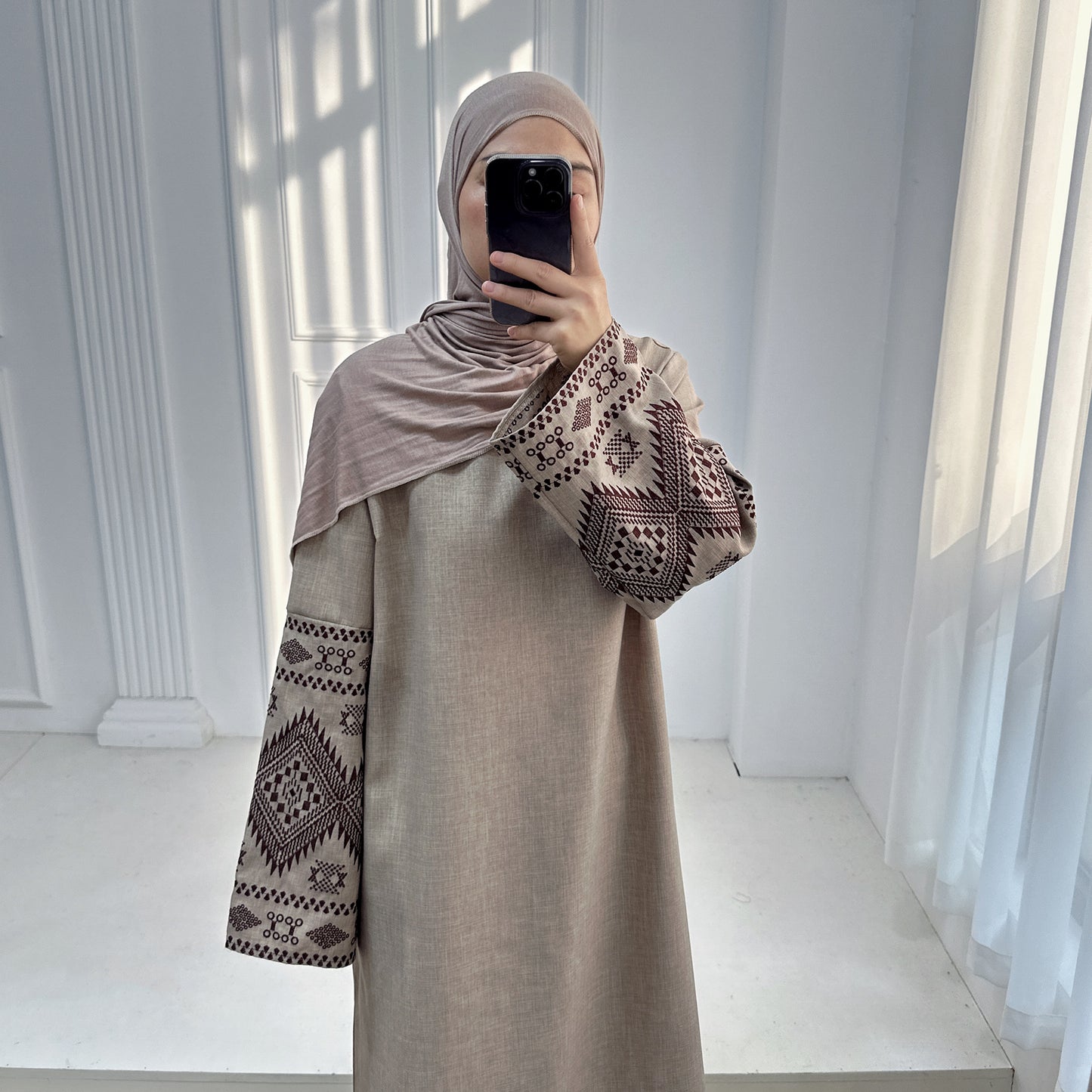Embroidered Long Sleeve Modest Evening Dress