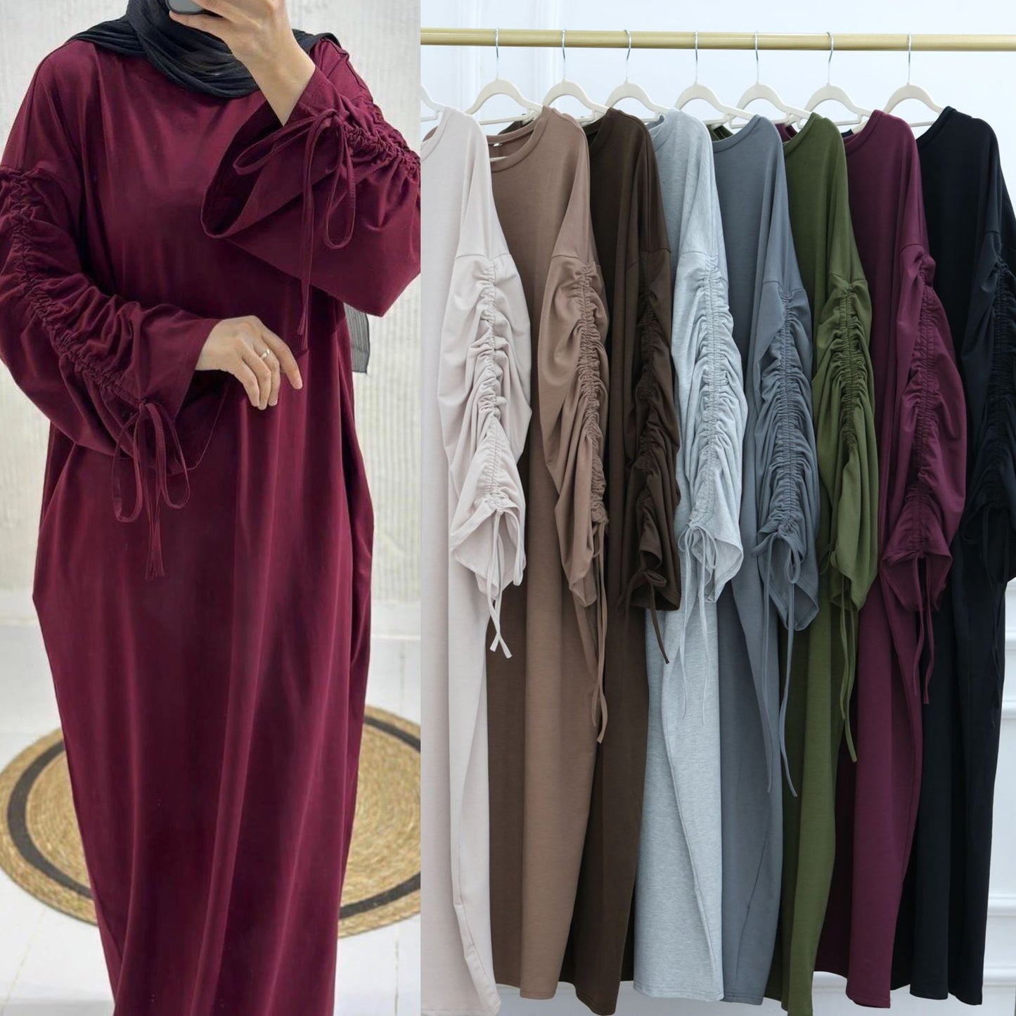 Cuff Drawstring Middle East Modest Maxi Robe Abaya