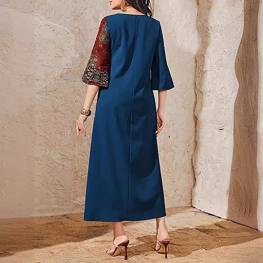 Women's Printed Patchwork Flared Sleeve Casual Dress