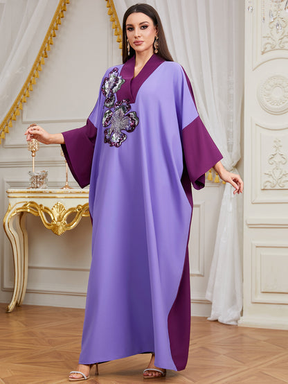 Elegant Contrast Embellished Batwing Kaftan Dress