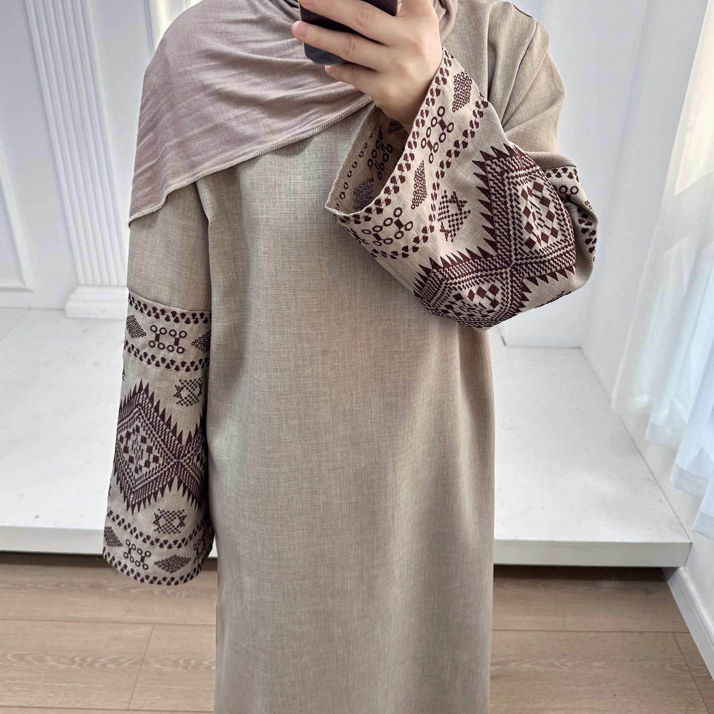 Embroidered Long Sleeve Modest Evening Dress