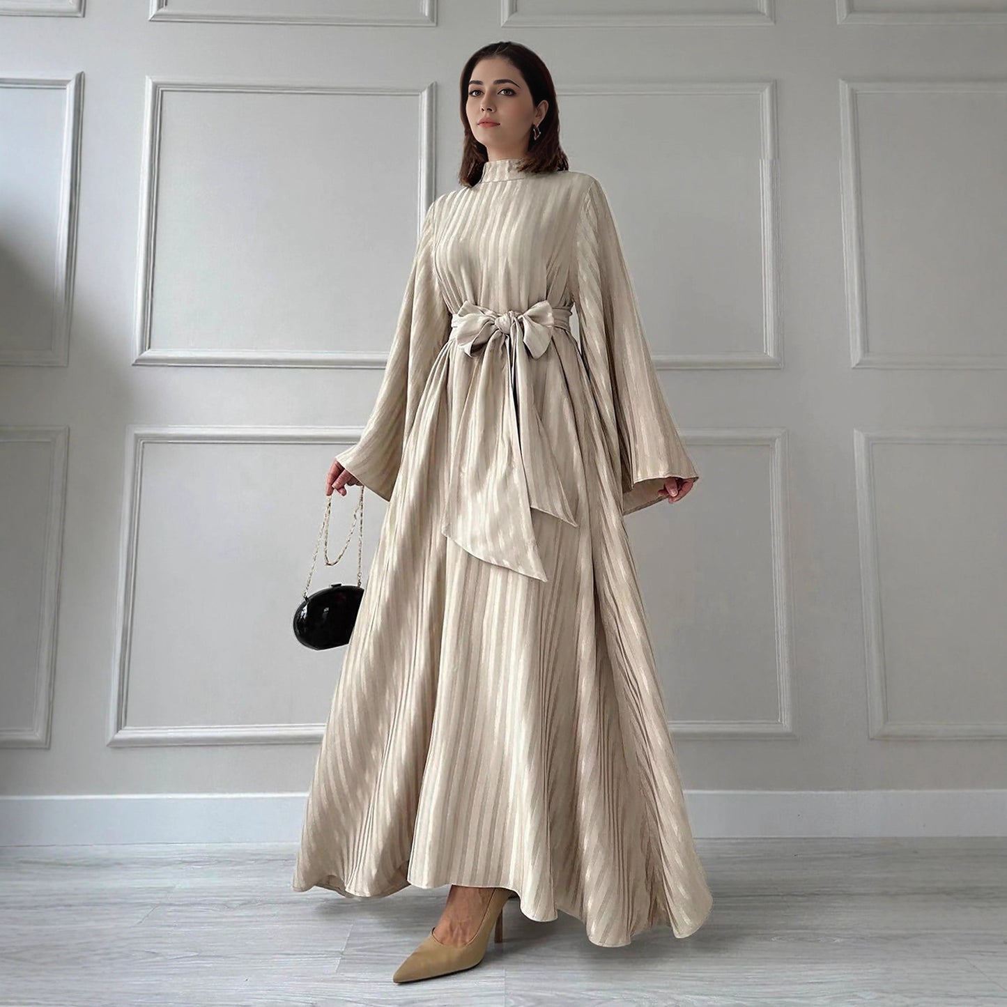 Satin Belted Maxi Dress with Flared Sleeves