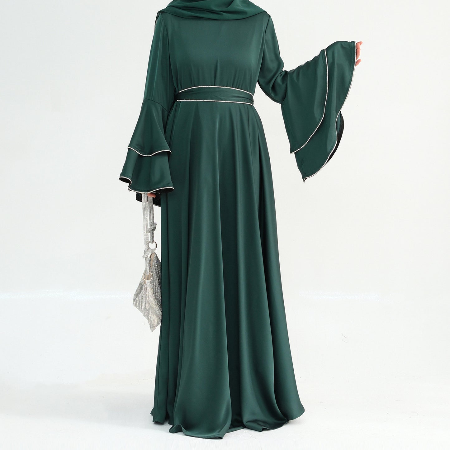 Beaded Nida Double-Layer Flare Sleeve Luxury Modest Maxi Dress