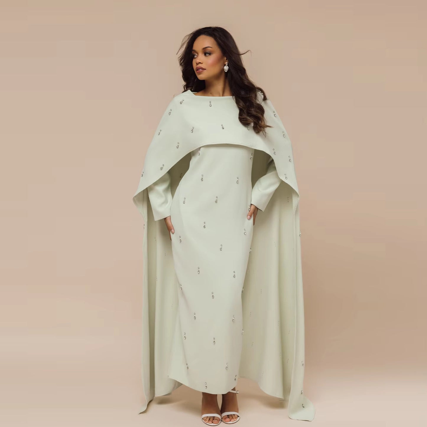 Elegant Beaded Maxi Dress with Attached Cape – Modest Evening Abaya Style