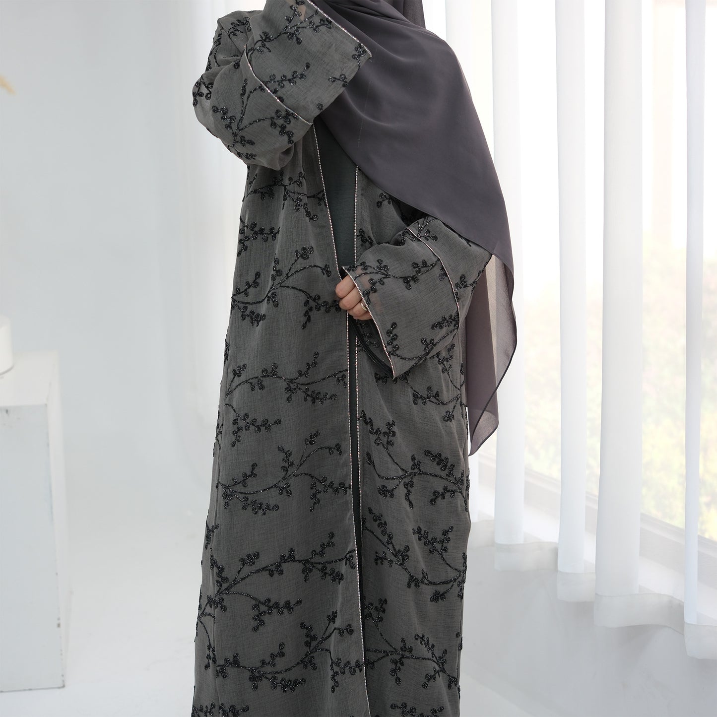 Full Embroidered Open Abaya with Inner Dress Elegant Modest Style