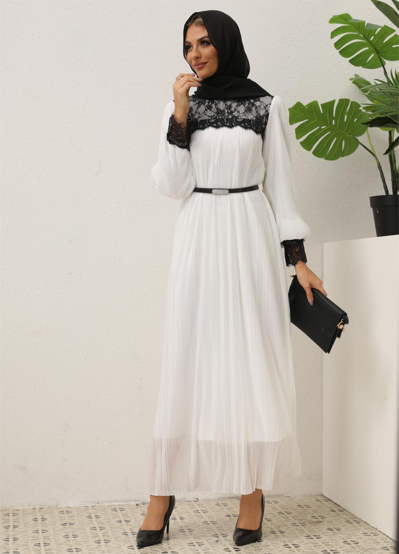 Women's Lace Pleated White Dress (With Belt)
