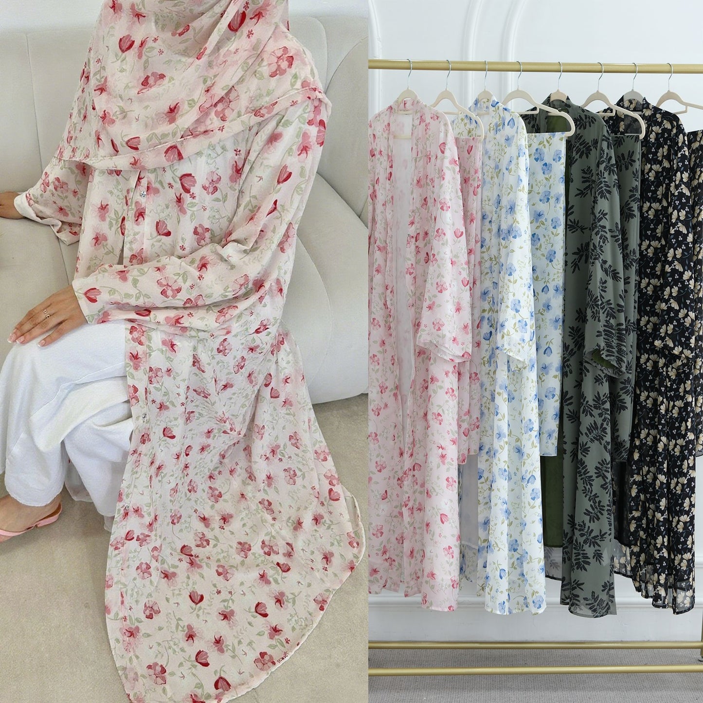 Printed Hijab Set with Double Layer Chiffon Open Cardigan