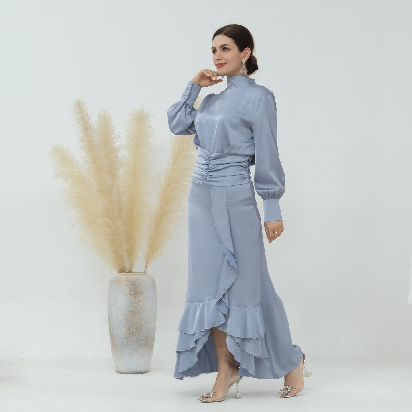 Plain High-neck Pleated Slim Ruffle Tops and Dress Matching Sets