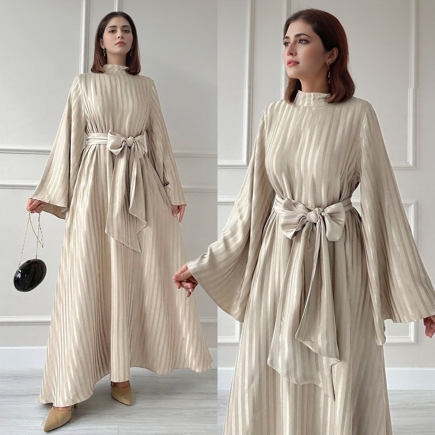 Satin Belted Maxi Dress with Flared Sleeves