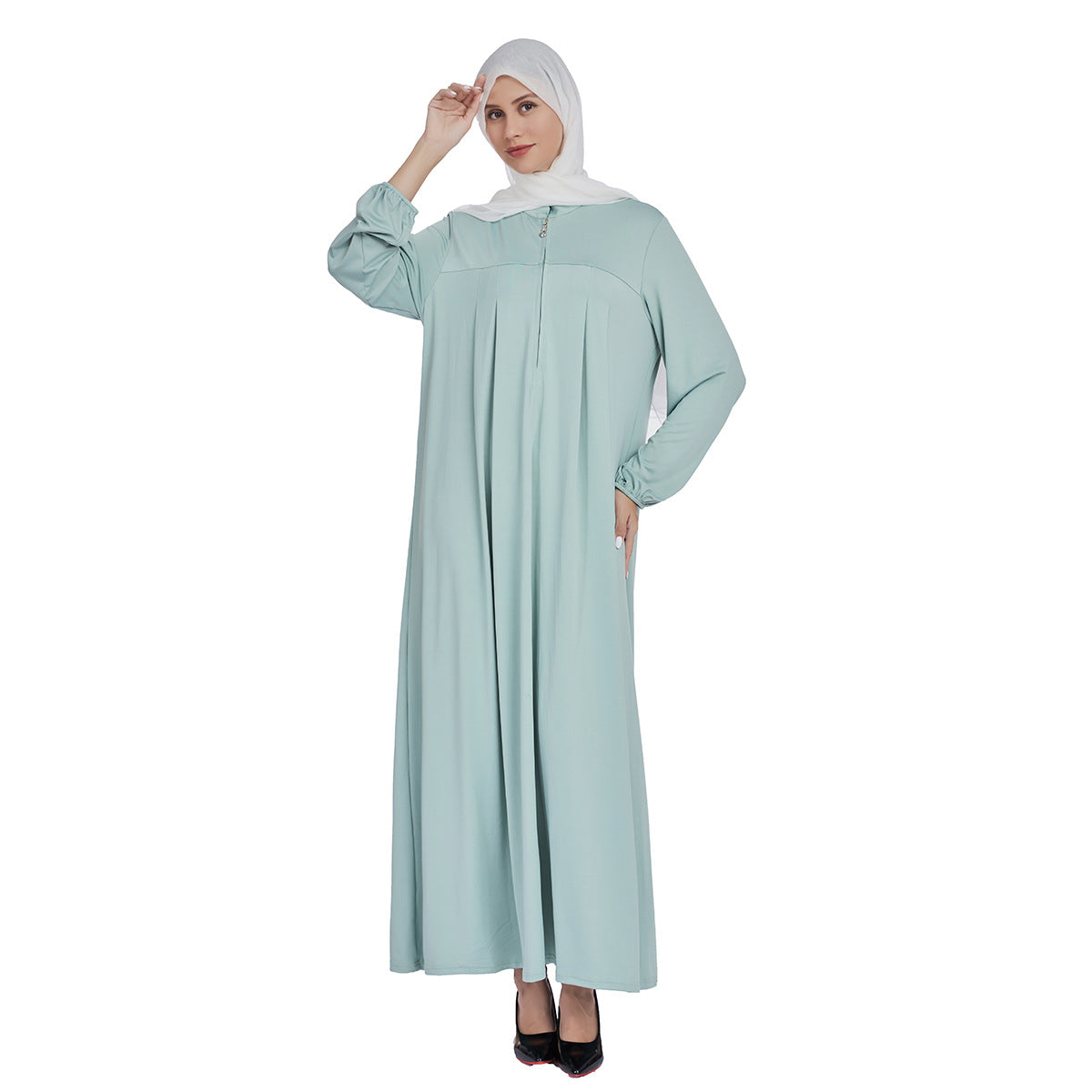 Stand Collar Maxi Dress with Pockets – Modest Long Sleeve Casual Abaya