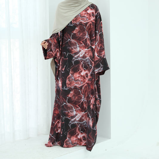 Satin Printed Maxi Dress with Waist Belt and Batwing Sleeves